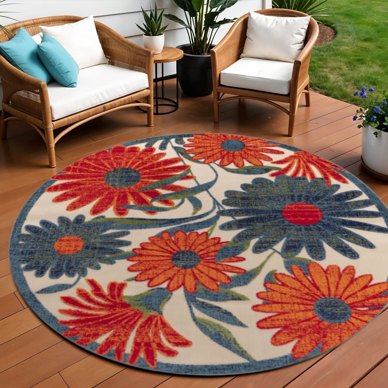 Edge Collections - 8' - Multicolor - Floral Area Rug Round for Indoor and Outdoor Use - 1 Piece